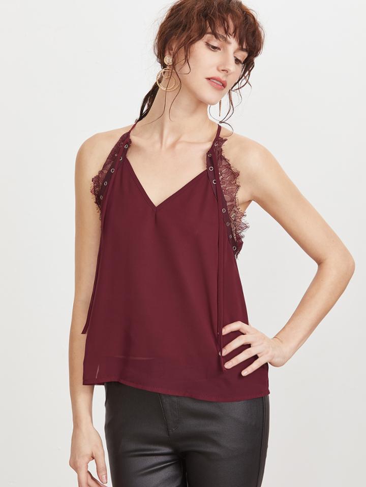 Shein Burgundy Contrast Eyelash Lace Cami Top