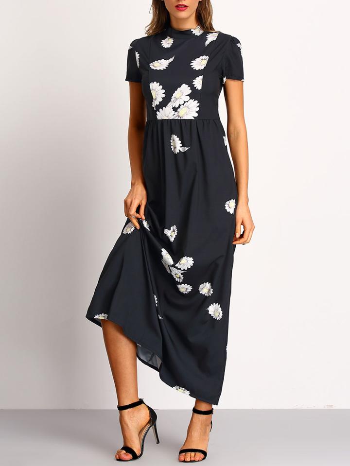 Shein Black Mock Neck Flower Print Chiffon Dress