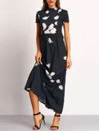 Shein Black Mock Neck Flower Print Chiffon Dress