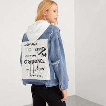 Shein Letter Pattern Drop Shoulder Ripped Denim Jacket