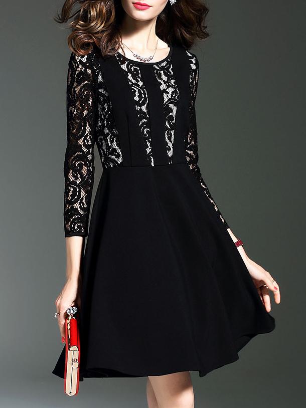 Shein Black Crew Neck Contrast Lace A-line Dress