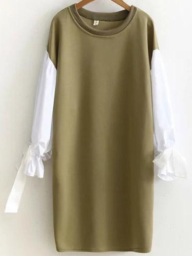 Shein Army Green Color Block Tie Cuff Side Slit Sweatshirt Dress