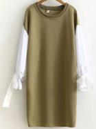 Shein Army Green Color Block Tie Cuff Side Slit Sweatshirt Dress