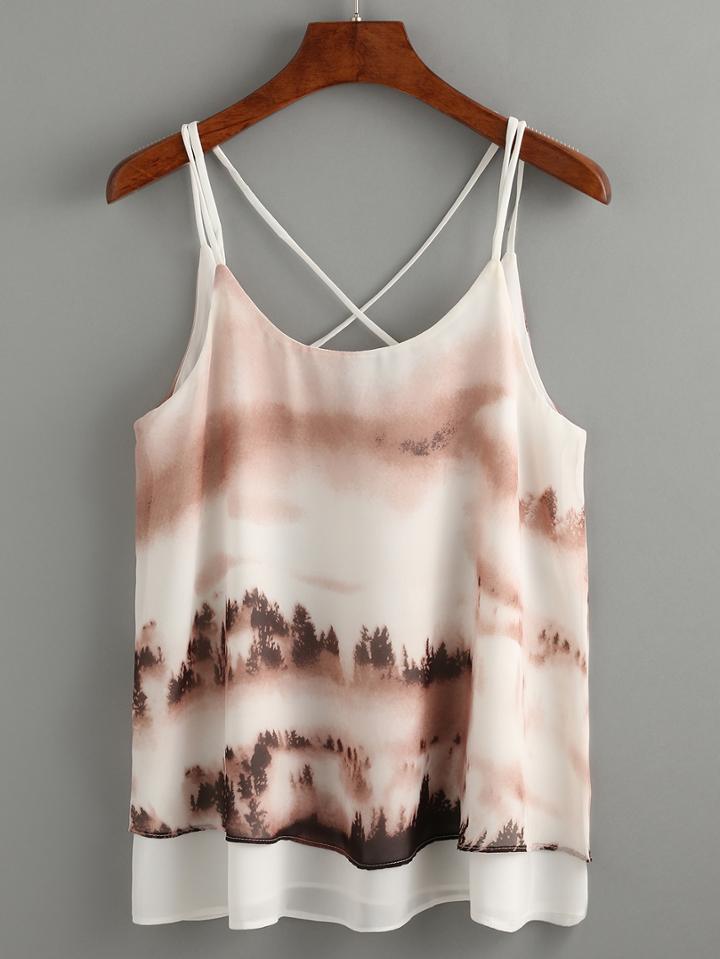 Shein Criss Cross Back Print Layers Chiffon Cami Top