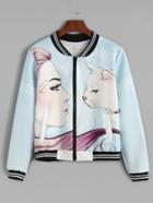 Shein Blue Girl And Cat Print Striped Hem Baseball Jacket