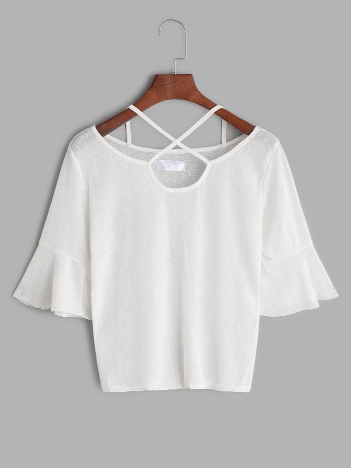 Shein White Lattice Neck Bell Sleeve T-shirt