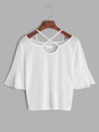 Shein White Lattice Neck Bell Sleeve T-shirt
