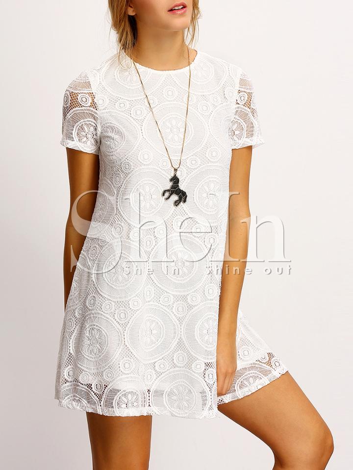 Shein White Crew Neck Sheer Floral Lace Dress