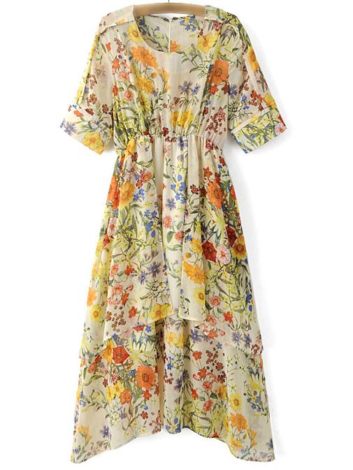 Shein Multicolor Elastic Waist Zipper Back Floral Print Midi Dress