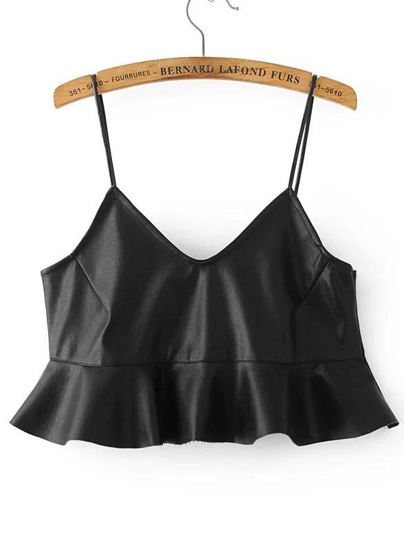 Shein Black Ruffle Hem Pu Cami Top