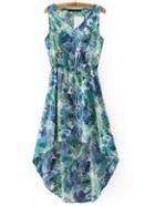 Shein Green Floral Print Sleeveless High Low Dress