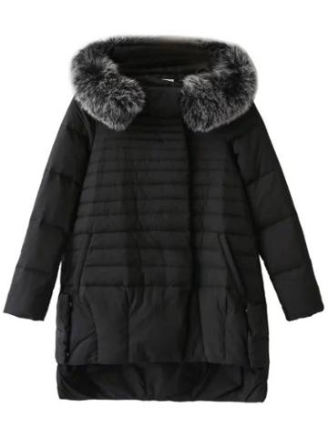Shein Black High Low Padded Coat With Faux Fur Hooded