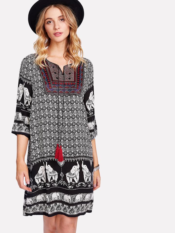 Shein Elephant Print Fringe Drawstring Dress