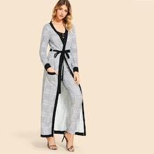 Shein Houndstooth Self Tie Waist Outerwear With Pants
