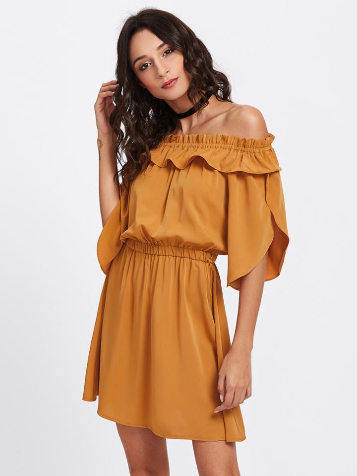Shein Overlap Sleeve Frill Off Shoulder Blouson Dress