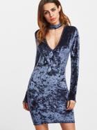 Shein Navy Deep V Neck Velvet Dress With Choker