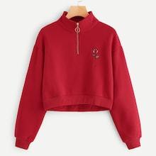 Shein Rose Embroidery Quarter Zip Sweatshirt