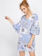 Shein Vertical Striped Florals Tiered Flute Sleeve Dress