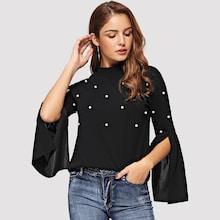 Shein Pearl Beading Split Bell Sleeve Top