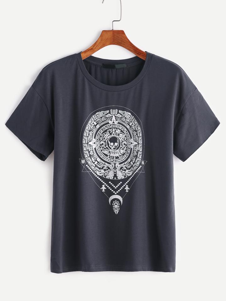 Shein Grey Printed Short Sleeve T-shirt