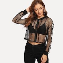 Shein Letter Fishnet Mesh Hooded Jacket