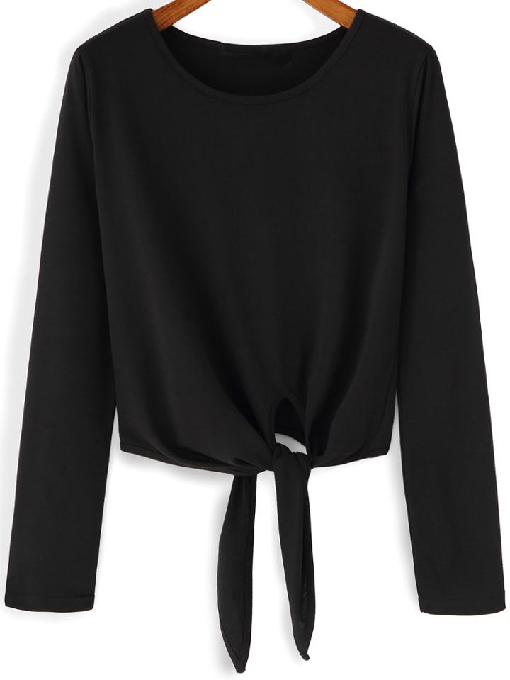 Shein Black Round Neck Knotted Crop Blouse