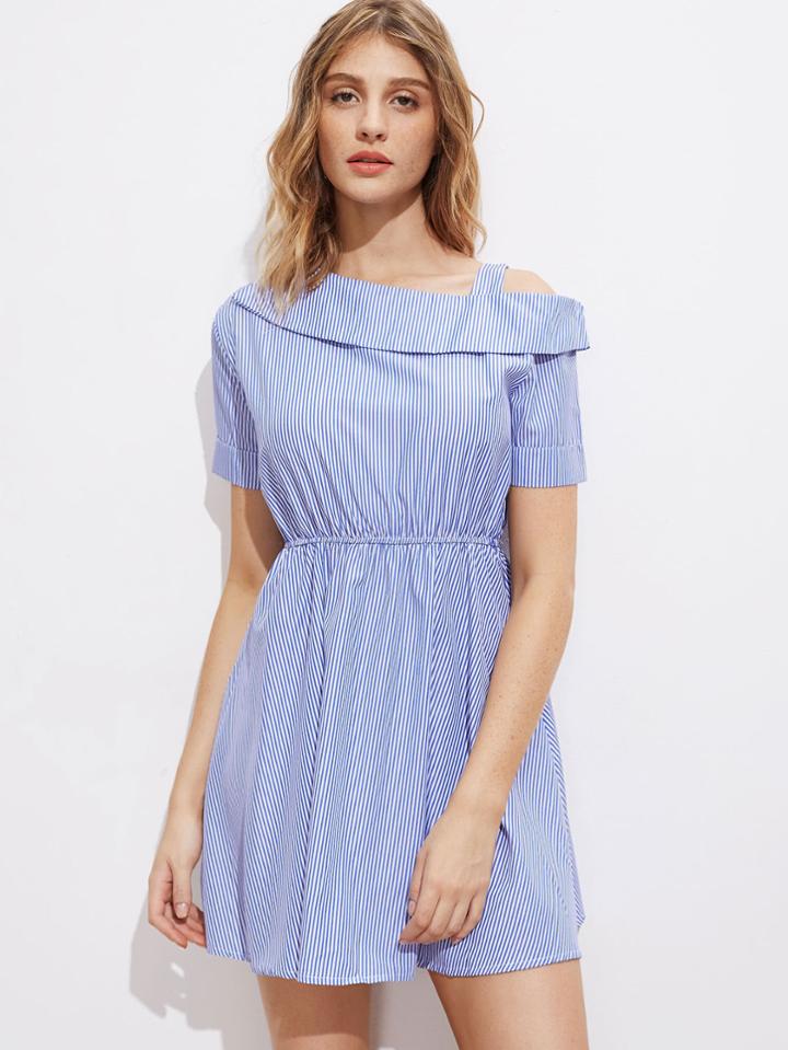 Shein Vertical Striped Asymmetric Cold Shoulder Swing Dress