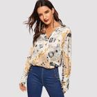 Shein Collared V-neck Mixed Print Wrap Top