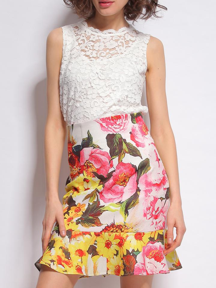 Shein White Sleeveless Lace Top With Frill Print Skirt