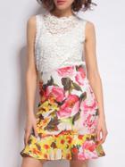 Shein White Sleeveless Lace Top With Frill Print Skirt