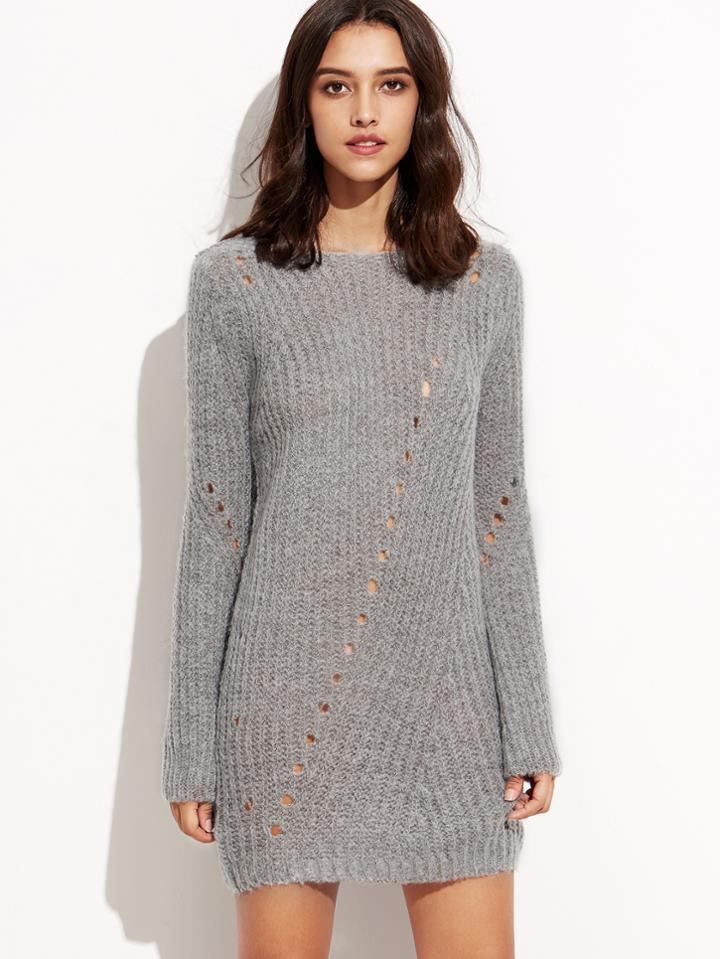 Shein Grey Long Sleeve Eyelet Sweater Dress