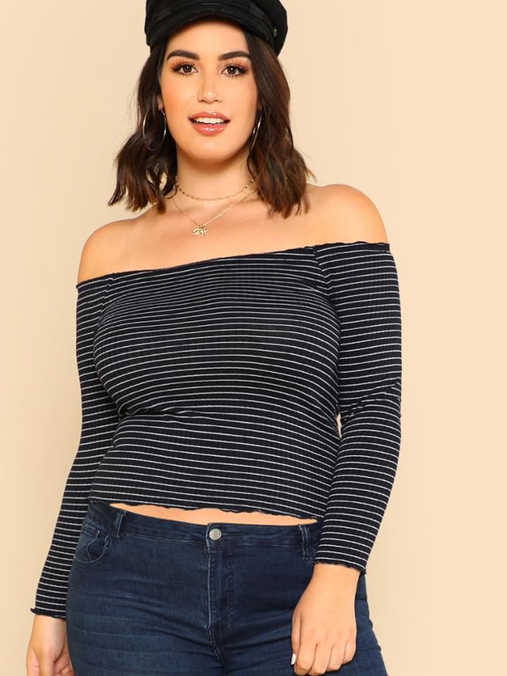 Shein Lettuce Trim Striped Bardot Tee