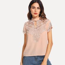 Shein Mock Neck Lace Applique Keyhole Back Top