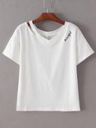 Shein White Cut Out Embroidery Casual T-shirt