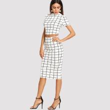 Shein Mock Neck Grid Crop Top & Pencil Skirt Set
