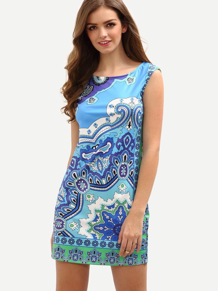 Shein Blue Vintage Print Sheath Dress