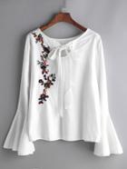 Shein White Flower Embroidered Bell Sleeve Bow Tie Blouse