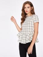 Shein Ruffle Curve Hem Grid Blouse