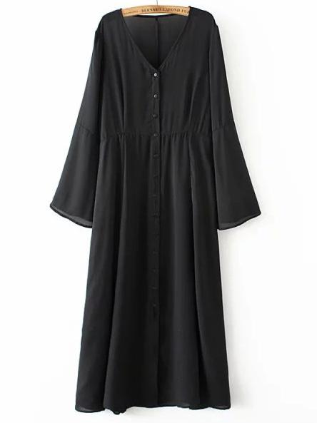Shein Black V Neck Bell Sleeve Buttons Dress