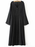 Shein Black V Neck Bell Sleeve Buttons Dress