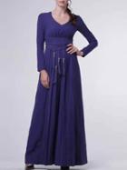 Shein Purple V Neck Tie-waist Maxi Dress