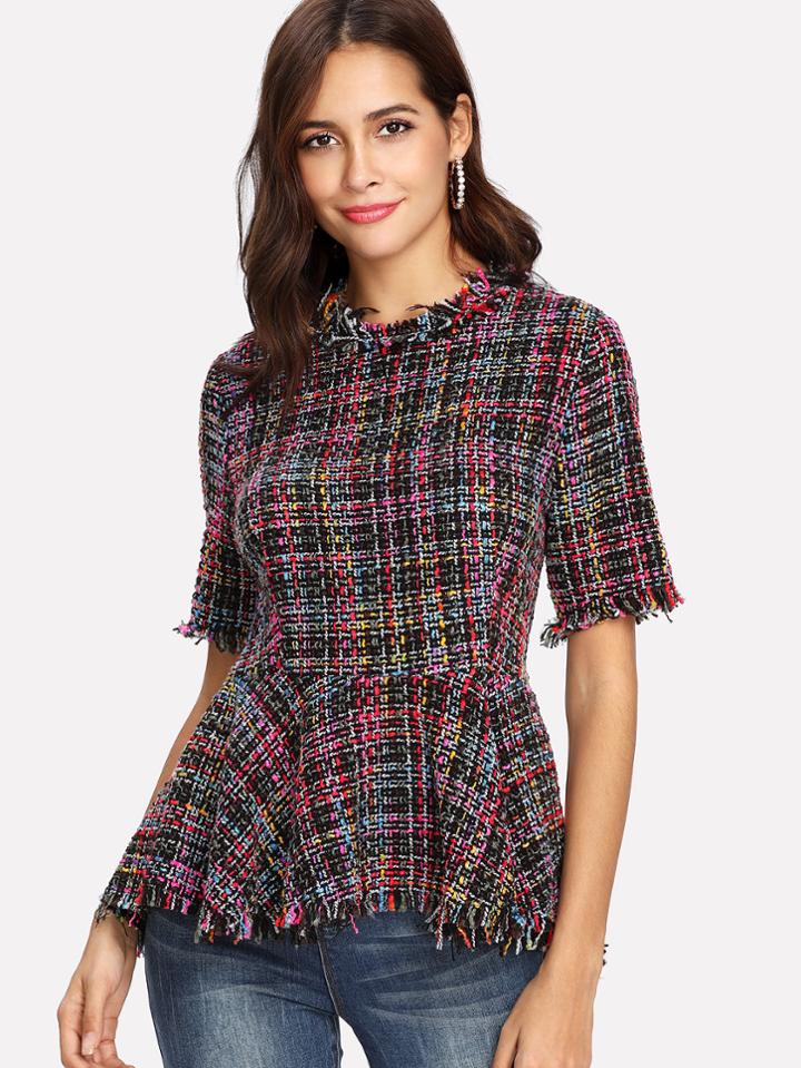 Shein Fringe Trim Peplum Tweed Top