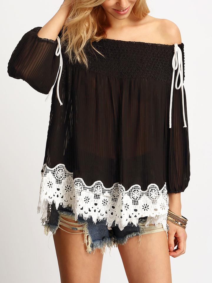 Shein Black Boat Neck Lace Ruched Chiffon Blouse