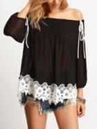 Shein Black Boat Neck Lace Ruched Chiffon Blouse