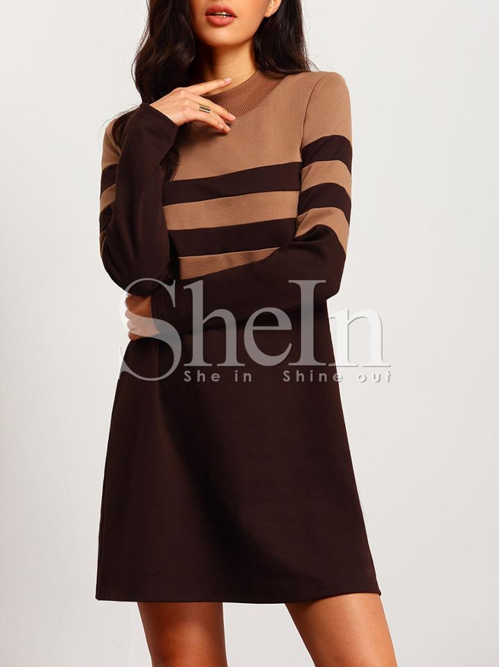 Shein Brown Color Block Crew Neck Shift Dress