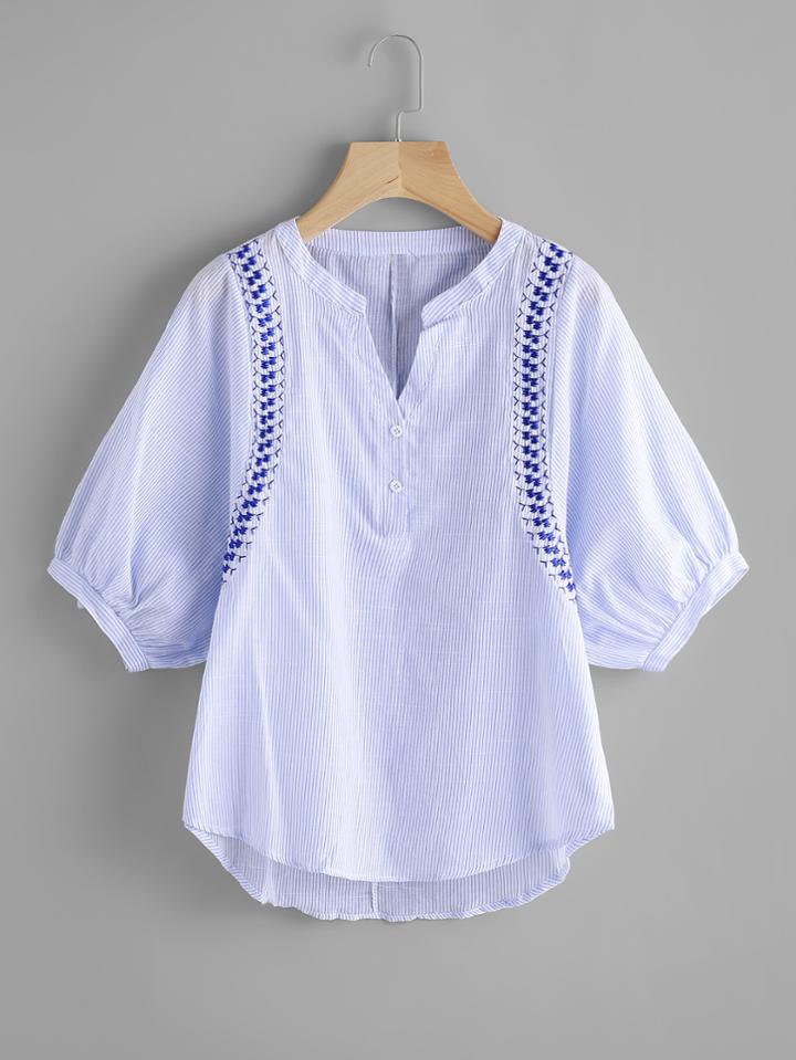 Shein Vertical Striped Embroidery Lantern Sleeve Blouse