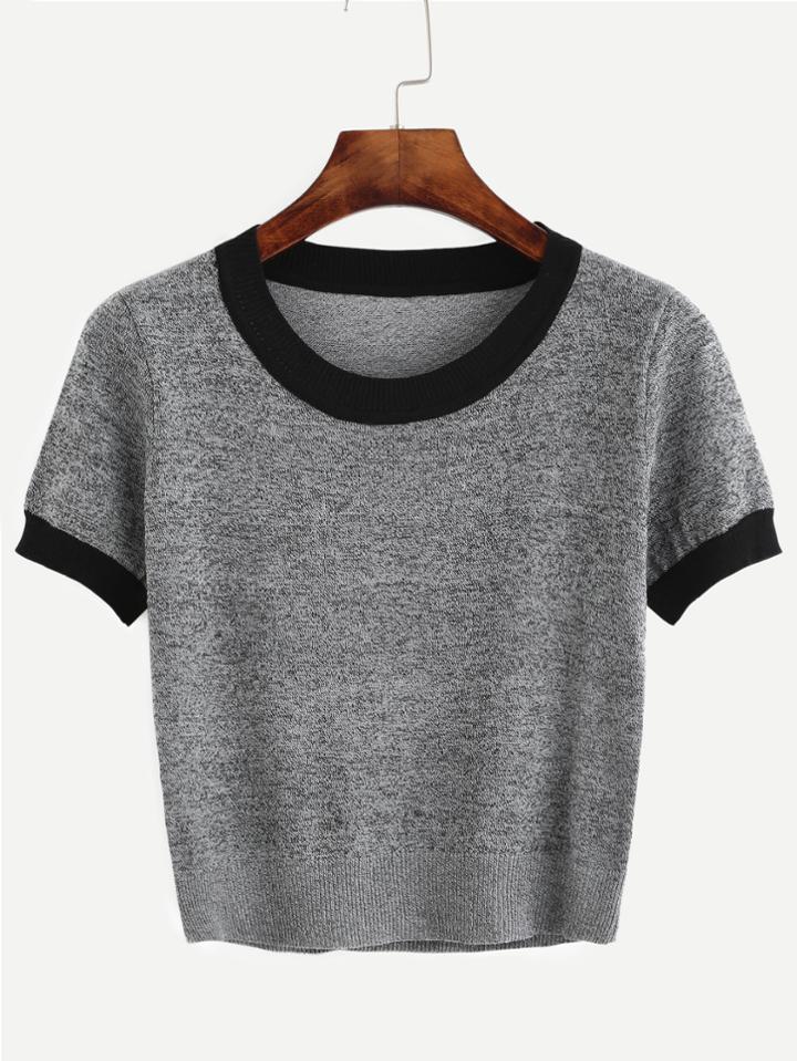 Shein Grey Contrast Trim Knitted T-shirt