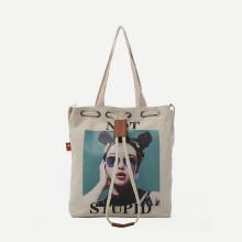 Shein Girl Print Canvas Drawstring Bag
