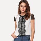 Shein Eyelash Lace Trim Bow Embellished Tee