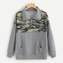 Shein Camo Panel Zip Up Neck Sweatshirt